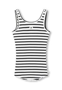 Schwarz-weiß gestreiftes Tanktop mit gerippter Textur, runder Ausschnitt und geradem Saum, mit einem kleinen Logo in der Mitte der Vorderseite.