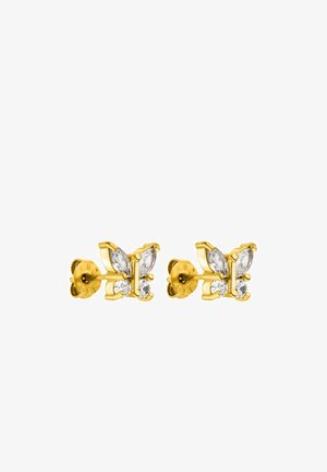 Goldene Schmetterlingsohren Ohrringe mit klaren, marquiseförmigen Steinen als Flügel, mit einer polierten Oberfläche und standardmäßiger Steckverschluss.