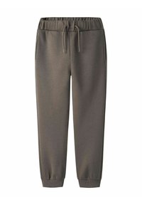 Pantalon de jogging gris avec une taille élastique et un cordon de serrage, doté de poches latérales et de poignets fuselés aux chevilles. Texture lisse.