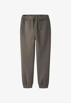 Grau Sweatpants mit elastischem Bund und Kordelzug, ausgestattet mit seitlichen Taschen und eng zulaufenden Bündchen an den Knöcheln. Glatte Textur.