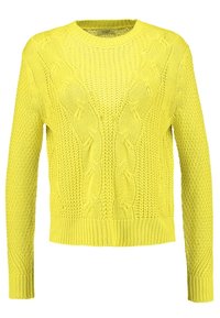Sweter dzianinowy w jasnym żółtym kolorze z teksturowanym wzorem w warkocze, okrągłym dekoltem oraz długimi rękawami z ściągaczami przy mankietach i u dołu.