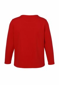 Red long-sleeve shirt with round neckline shown from the back against a white background.
