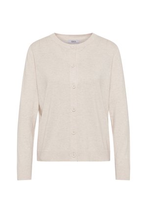 Cardigan beige clair avec un col rond, des manches longues et une fermeture à boutons comportant six boutons. Tissu tricoté doux avec une texture lisse.