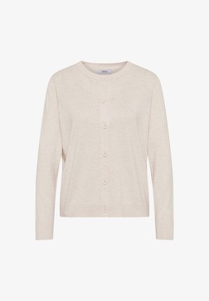 Jasbeżowy kardigan z okrągłym dekoltem, długimi rękawami i zapinany na sześć guzików z przodu. Miękka dzianina o gładkiej strukturze.