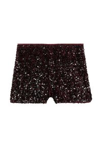Sequined burgundy shorts with a fitted design, fully covered in shiny black and silver sequins, featuring an elastic waistband.