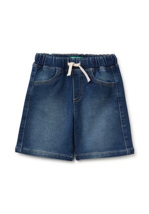 Dunkelblaue Jeans-Shorts für Kinder mit elastischem Bund und weißem Kordelzug, vorne Taschen und gelben Nähten.