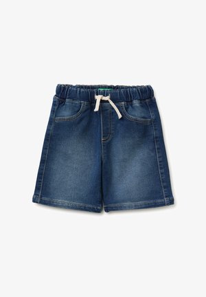 Donkerblauwe denim kinderbroekjes met elastische tailleband en witte trekkoord, met voorzakken en gele stiksels.