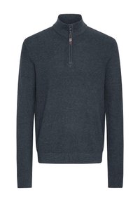 Sudadera de cuello con cremallera en azul oscuro, textura de trenzado, puños y dobladillo acanalados, con un diseño de media cremallera, para un ajuste cómodo.
