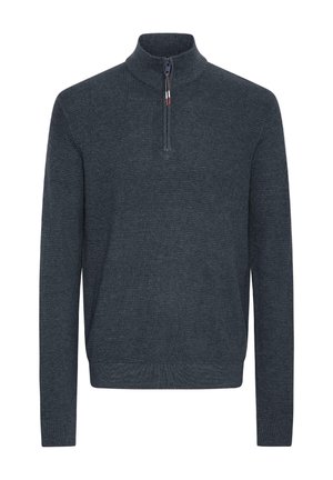 Svetr s krátkým zipem v tmavě modré barvě, pletená textura, žebrované manžety a lem, s polovičním zipem pro pohodlné nošení.