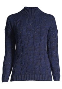 Pull en tricot bleu marine à col montant, présentant des motifs torsadés texturés, des poignets côtelés et un ourlet côtelé. Taches de couleurs plus claires disséminées partout.