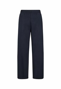 Navy wide-leg pants made of soft fabric, featuring an elastic waistband and straight cut. No pockets or visible closures.