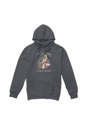 Dark gray hoodie with a graphic of a woman in a warrior pose and the text "This Girl Plays Rough" on the front.