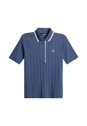 Polo shirt navy in tessuto testurizzato, con colletto rifinito in bianco e tre bottoni, e un sottile motivo a righe verticali.