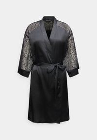 Mustast satiinist hommikumantel läbipaistvate pitsiste varrukatega, millel on geomeetriline muster, vööga vöökoht ja salli krae. Ühtlane sile tekstuur.