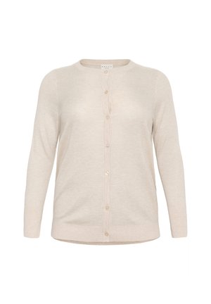 Pale beige cardigan made of lightweight knit fabric, featuring long sleeves, round neck, and a button closure down the front.