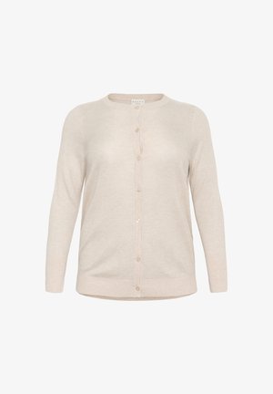 Heller beiger Cardigan aus leichtem Strickstoff, mit langen Ärmeln, Rundhalsausschnitt und einer Knopfleiste auf der Vorderseite.