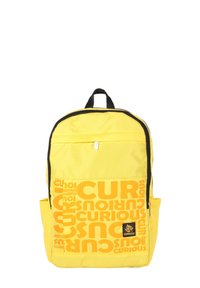 Yellow backpack with black accents, featuring "CURIOUS" text in varying sizes, a front zip pocket, and a top carrying handle.