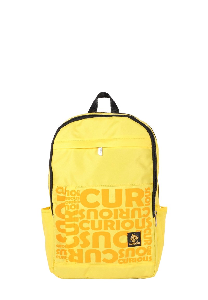 Yellow backpack with black accents, featuring "CURIOUS" text in varying sizes, a front zip pocket, and a top carrying handle.
