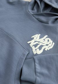 Felpa con cappuccio in morbido cotone blu chiaro, con un grande logo bianco sul fronte e polsini a costine. Texture liscia e design casual.