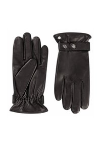 Schwarze Lederhandschuhe mit glatter Textur, elastischem Handgelenk und geknöpftem Manschettendetail. Sie verfügen über fünf Finger und ein passgenaues Design.