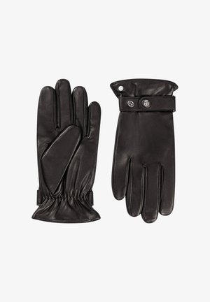 Schwarze Lederhandschuhe mit glatter Textur, elastischem Handgelenk und geknöpftem Manschettendetail. Sie verfügen über fünf Finger und ein passgenaues Design.