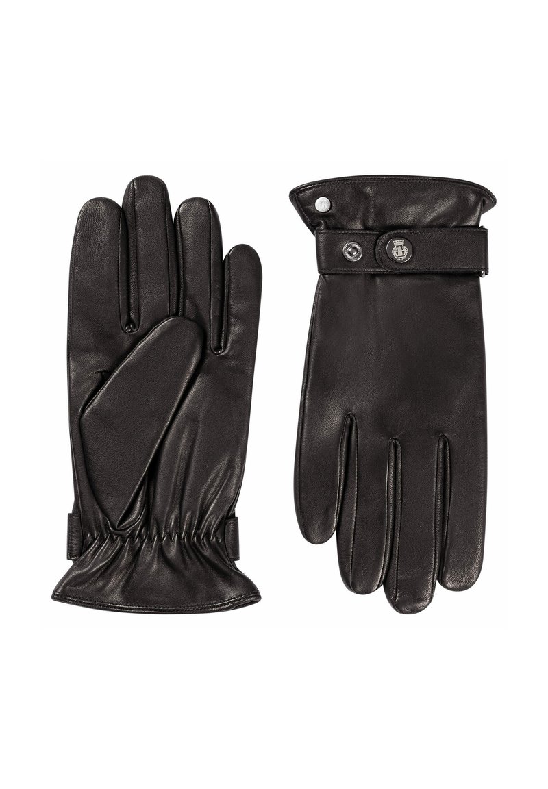 Schwarze Lederhandschuhe mit glatter Textur, elastischem Handgelenk und geknöpftem Manschettendetail. Sie verfügen über fünf Finger und ein passgenaues Design.