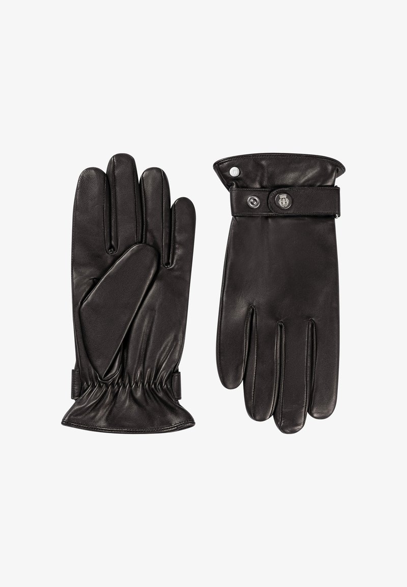 Schwarze Lederhandschuhe mit glatter Textur, elastischem Handgelenk und geknöpftem Manschettendetail. Sie verfügen über fünf Finger und ein passgenaues Design.