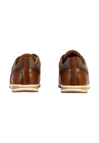 Scarpe in pelle marrone con dettagli in rete, design elegante, punta tonda e suole in gomma bianca. Vista posteriore, che mostra una finitura liscia.