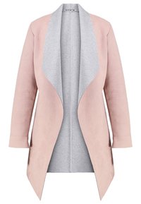 Manteau rose clair pour femmes à ouverture devant, avec larges revers gris, manches longues et tissu doux et texturé.