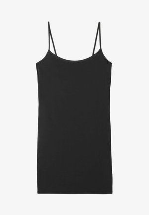 Camisole noire en tissu lisse, dotée de fines bretelles ajustables, d'un design simple et d'une silhouette à coupe droite.