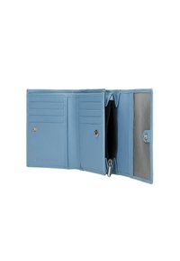 Portafoglio in pelle blu con protezione RFID, dotato di più scomparti per carte, una tasca con zip e un comparto trasparente per l'ID. Texture liscia, design compatto.