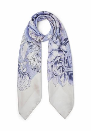 Sciarpa di seta lilla chiaro e bianca con stampa floreale dettagliata, che include grandi rose e fiori più piccoli, drappeggiata in un anello sciolto.
