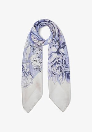 Hele lilla ja valge siidist sall, millel on detailne lillemuster, sealhulgas suured roosid ja väiksemad õied, lahtise aasaga rippu pandud.