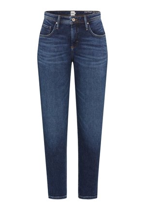 Dark blue denim jeans with a straight fit, five pockets, and a button closure, featuring a slightly faded texture and contrast stitching.