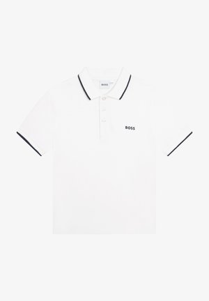 Biała koszulka polo z bawełny, z klasycznym kołnierzykiem, trzema guzikami i granatowym wykończeniem na kołnierzyku i rękawach. Wyświetlone logo BOSS.