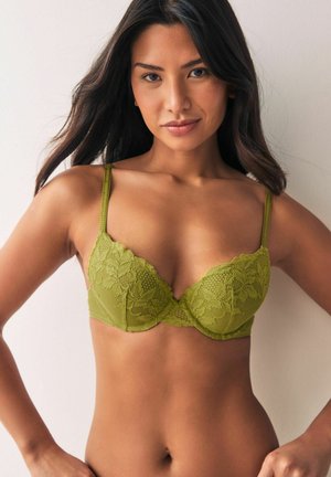 Groene kant push-up beha met bloemenontwerp, verstelbare bandjes en textuurstof, met een diepe halslijn en ondersteunende beugel.