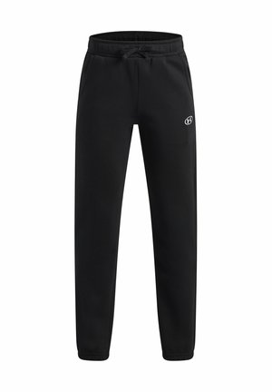 Zwarte sportieve joggingbroek met elastische tailleband, trekkoord, zijzakken, elastische manchetten en een klein wit logo op het rechterdijbeen.