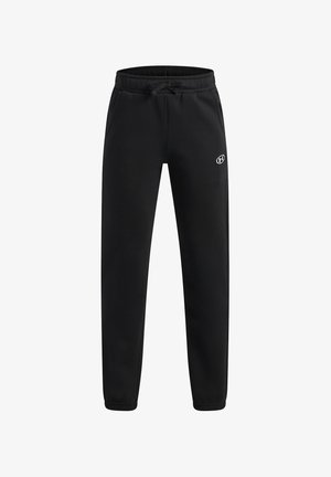 Zwarte sportieve joggingbroek met elastische tailleband, trekkoord, zijzakken, elastische manchetten en een klein wit logo op het rechterdijbeen.