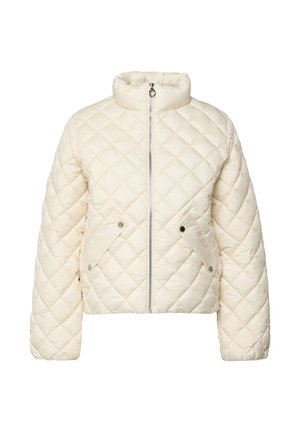 Off-weiße, gesteppte Steppjacke mit hohem Kragen, Reißverschluss vorn und Klapptaschen mit Druckknöpfen auf beiden Seiten.