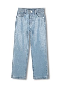 Jeans de mezclilla azul claro con un diseño texturizado que presenta un patrón de cuadrícula. Cintura alta, corte de pierna ancha con estilo estándar de cinco bolsillos.