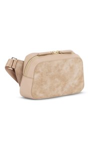 Borsa a tracolla in similpelle beige con una superficie leggermente tessuta, cerniera dorata e tracolla regolabile. Forma rettangolare con angoli arrotondati.
