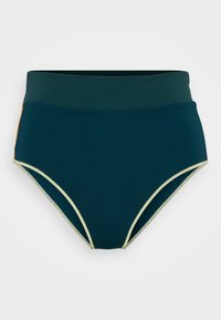 Costume da bagno a vita alta in teal scuro, con bordi gialli a contrasto e dettagli arancioni sui lati. Tessuto liscio e elastico.