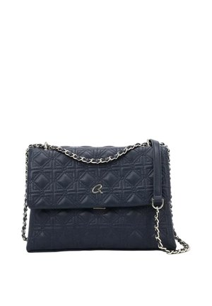 Donkerblauwe doorgestikte leren handtas met zilveren kettingbandje en klein metalen "a"-logo op de voor flap.