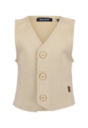 Gilet in maglia beige con scollo a V, tre bottoni in legno e un'etichetta con il logo in basso a destra. Presenta bordi puliti e una superficie testurizzata.