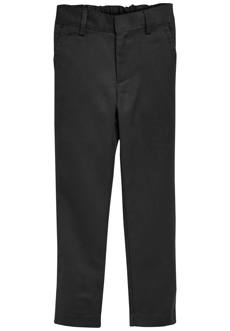 Pantalon noir pour enfants en tissu tissé, avec une coupe droite, une taille élastique et des poches avant standard.