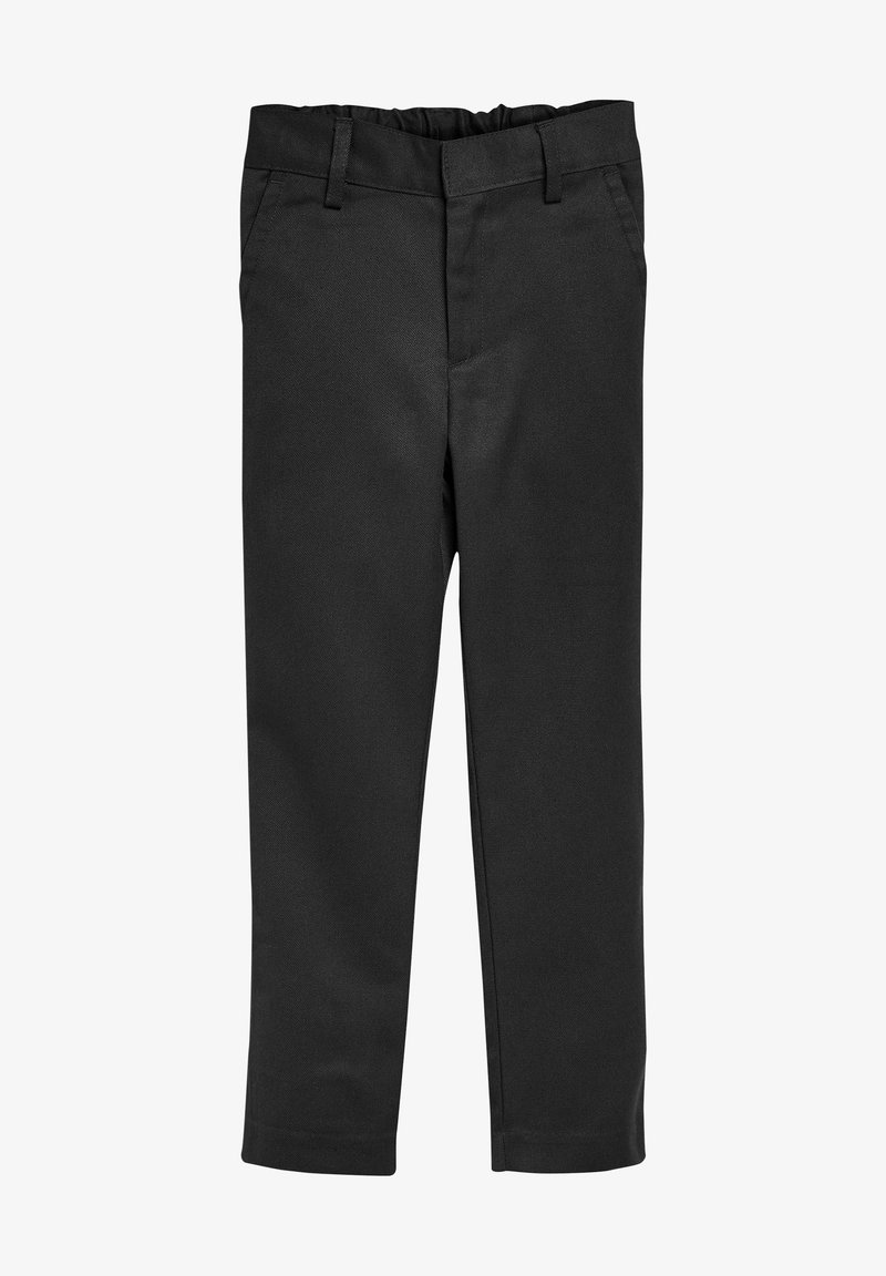 Pantalon noir pour enfants en tissu tissé, avec une coupe droite, une taille élastique et des poches avant standard.