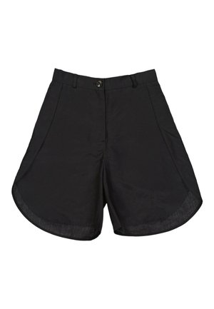 Zwarte shorts met hoge taille, knoopsluiting, riemlussen, zijzakken en gebogen zomen.