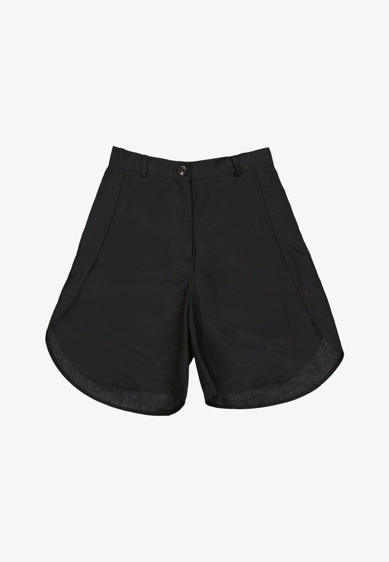 Shorts noirs taille haute avec fermeture à bouton, passants de ceinture, poches latérales et ourlets arrondis.