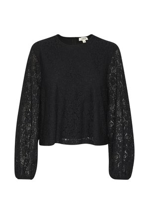 Sort blonde top med lange puffærmer, rund halsudskærmning og nøglehulslukning i ryggen. Blomster mønster overalt, blød tekstur.