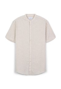 Camicia beige a maniche corte con bottoni, a righe verticali sottili, colletto rotondo e orlo curvo, realizzata in tessuto leggero.